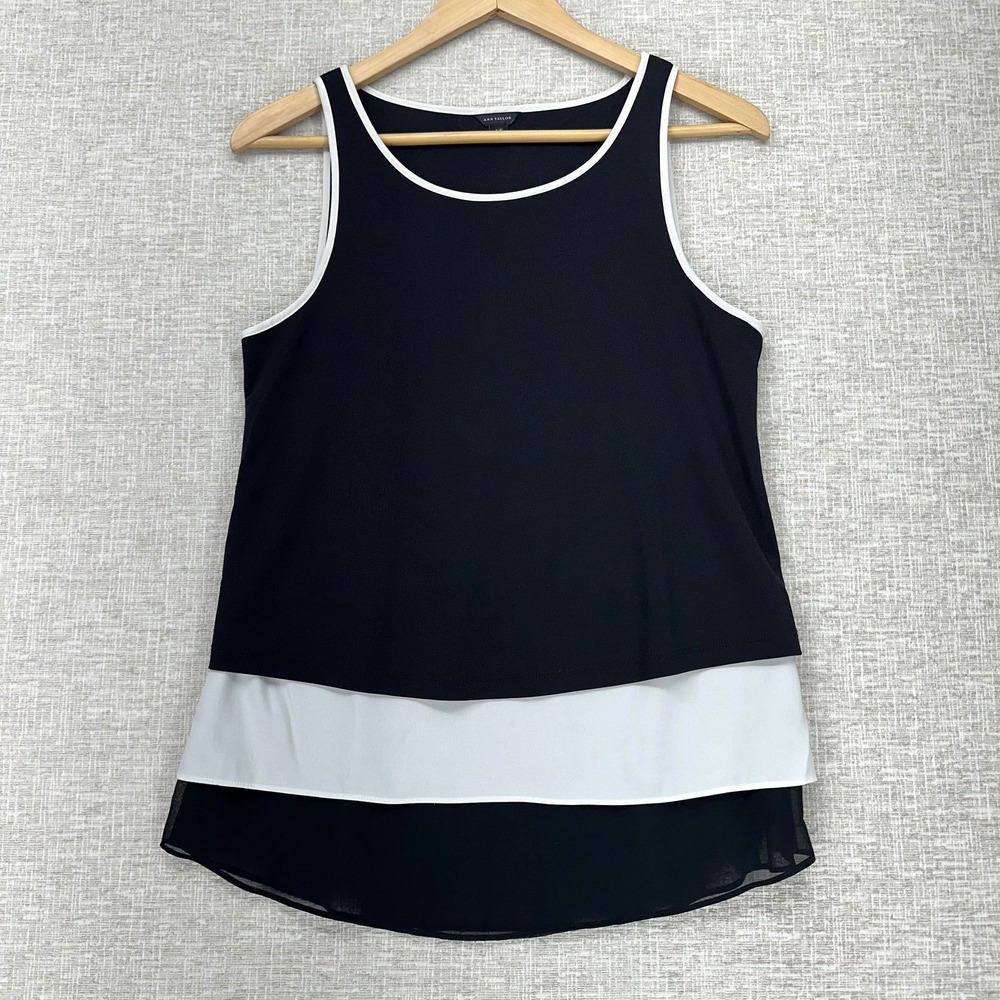 Ann Taylor Tank Top Womens XS‎ Black Ivory Layered Hem Sleeveless Chiffon Blouse